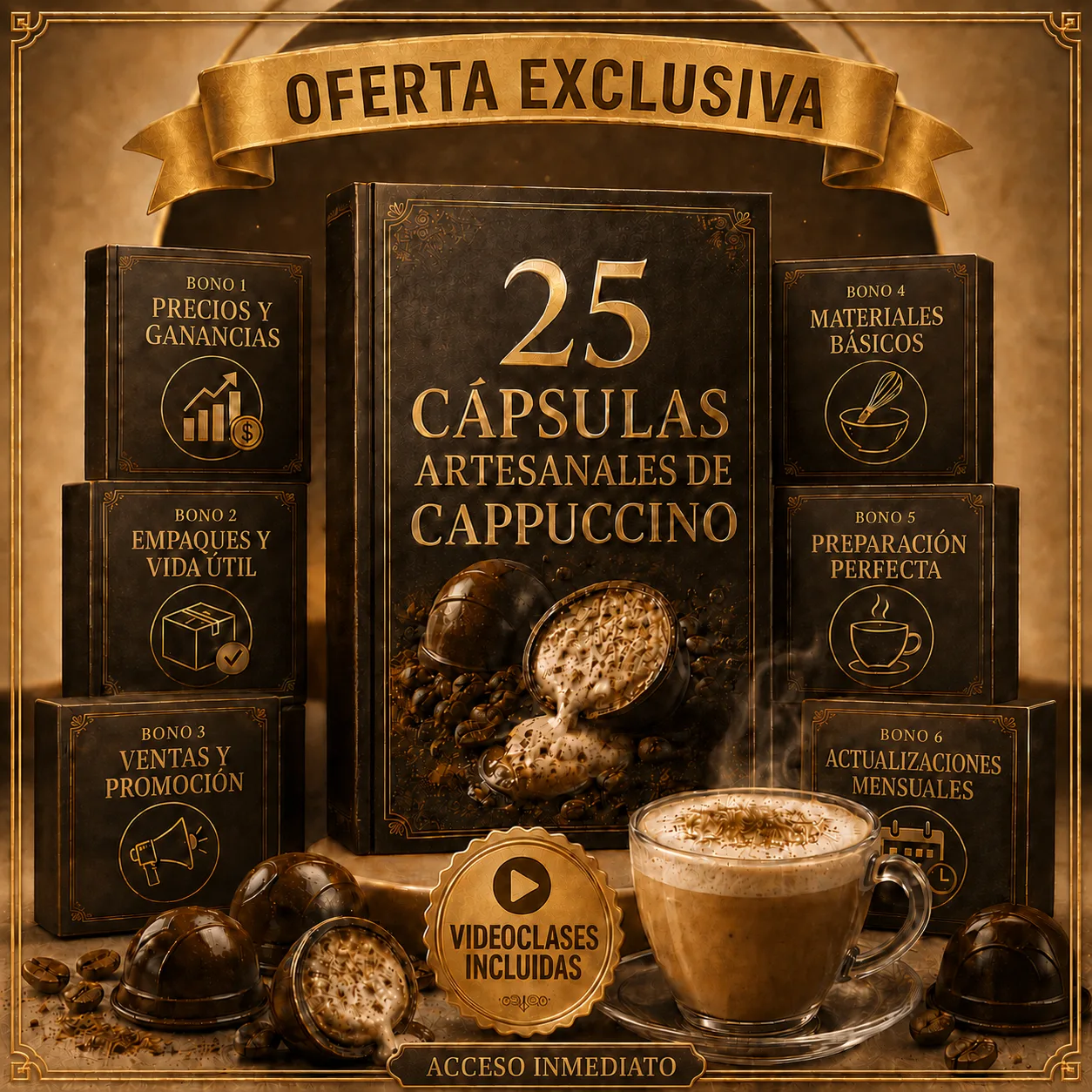 Mockup del entrenamiento de Cápsulas Artesanales de Cappuccino con clases en video y bonos